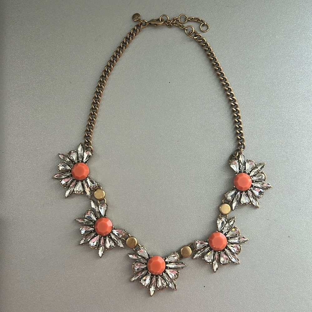 J.Crew Gold Crystal Statement Necklace Salmon Pink Vintage Preppy Jewelry